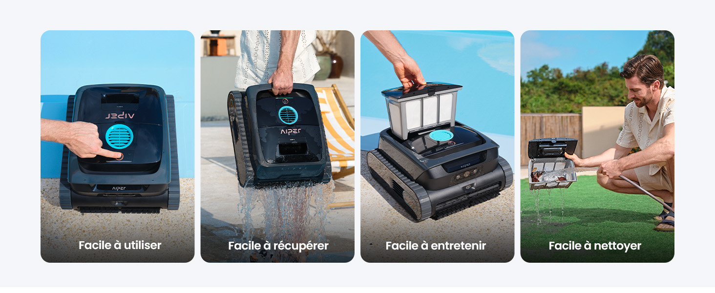 Séquence montrant le processus de chargement de la batterie à l'aide d'un appareil électronique bleu, y compris l'insertion, l'état de charge et des démonstrations d'utilisation à l'extérieur.