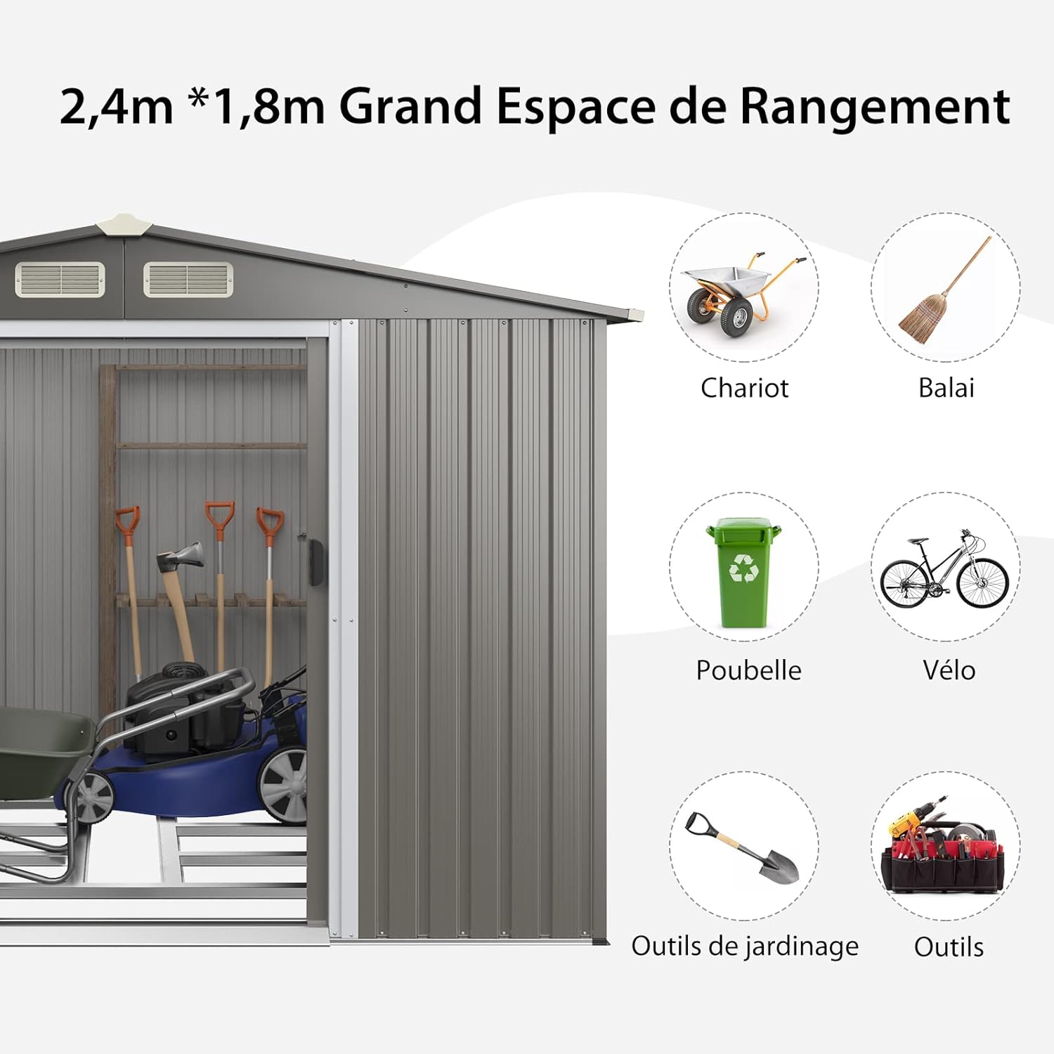 GOPLUS 4,74㎡ Abri de Jardin Métal Galvanisé avec Base, Cabine de Jardin Extérieur Porte Coulissante, Résistant aux Intempéries, Cabane de Rangement à Outils 8,59m³, 260 x 207 x 181cm, Toit Gris Foncé