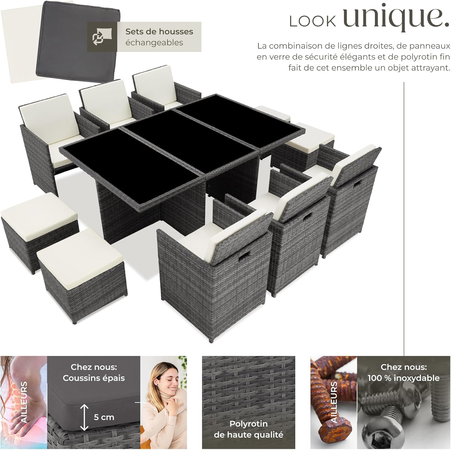 Tectake - Salon de jardin polyrotin 10 places, housses incluses, gris