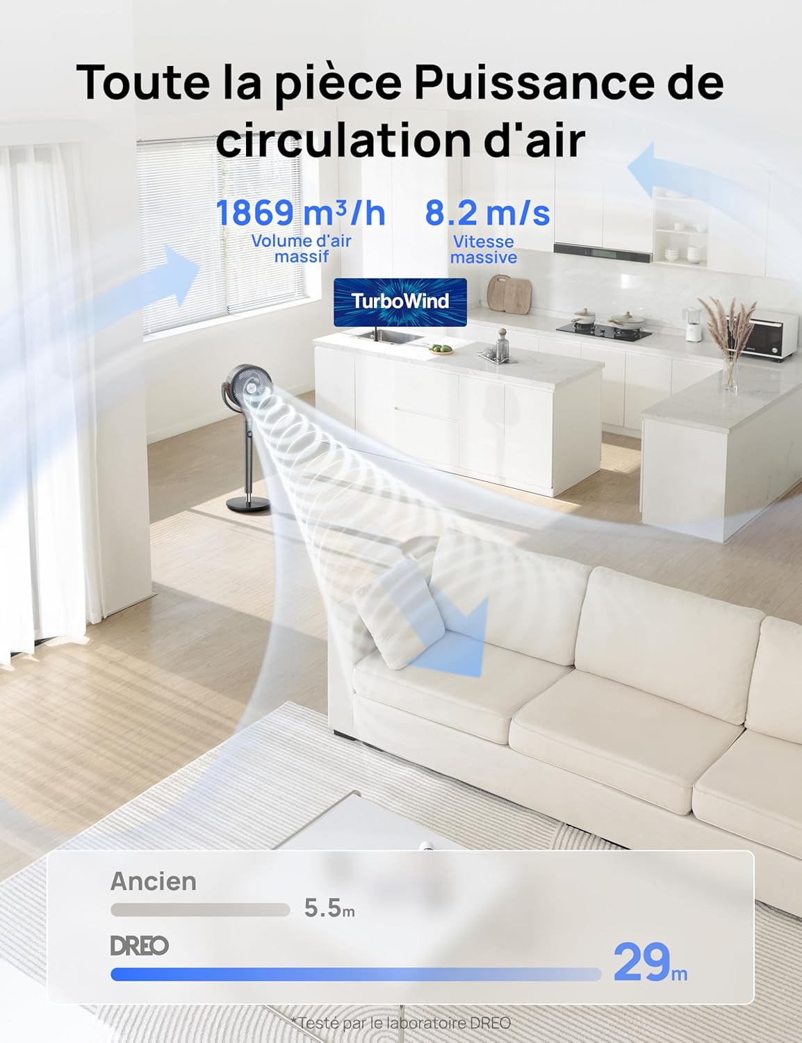DREO ventilateur sur pied très silencieux avec télécommande, ventilateur grand format 20 dB avec moteur CC, oscillation 120°, 3 modes, hauteur réglable 94–107 cm, ventilateur de sol TurboPoly 512