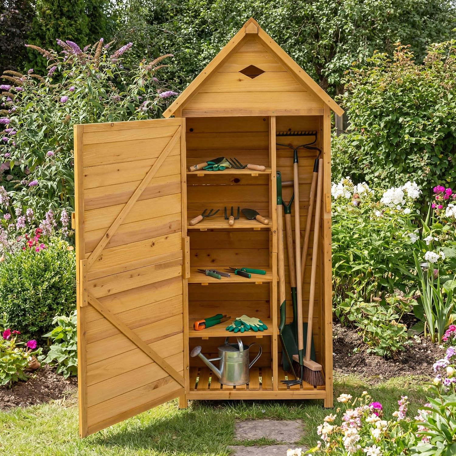 COSTWAY Armoire de Jardin Bois, Abri de Jardin Bois Extérieure avec Porte Verrouillable, Plancher, 4 Étagères Amovibles, Ventilation, Toit en Pente, pour Terrasse, Jardin, Balcon