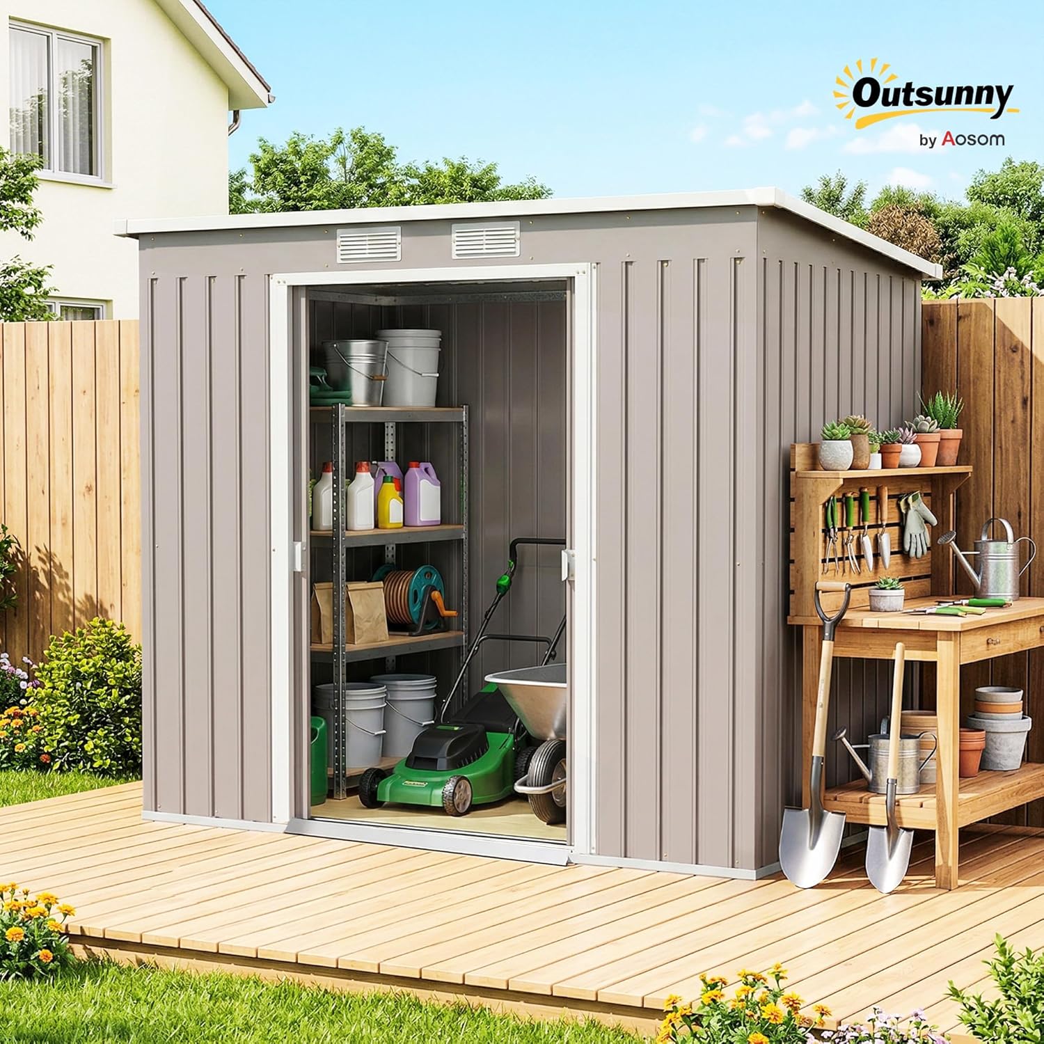 Outsunny - abri de jardin métal toit appentis - 213x130x172cm - double porte, ventilation, cadre sol, verrouillable