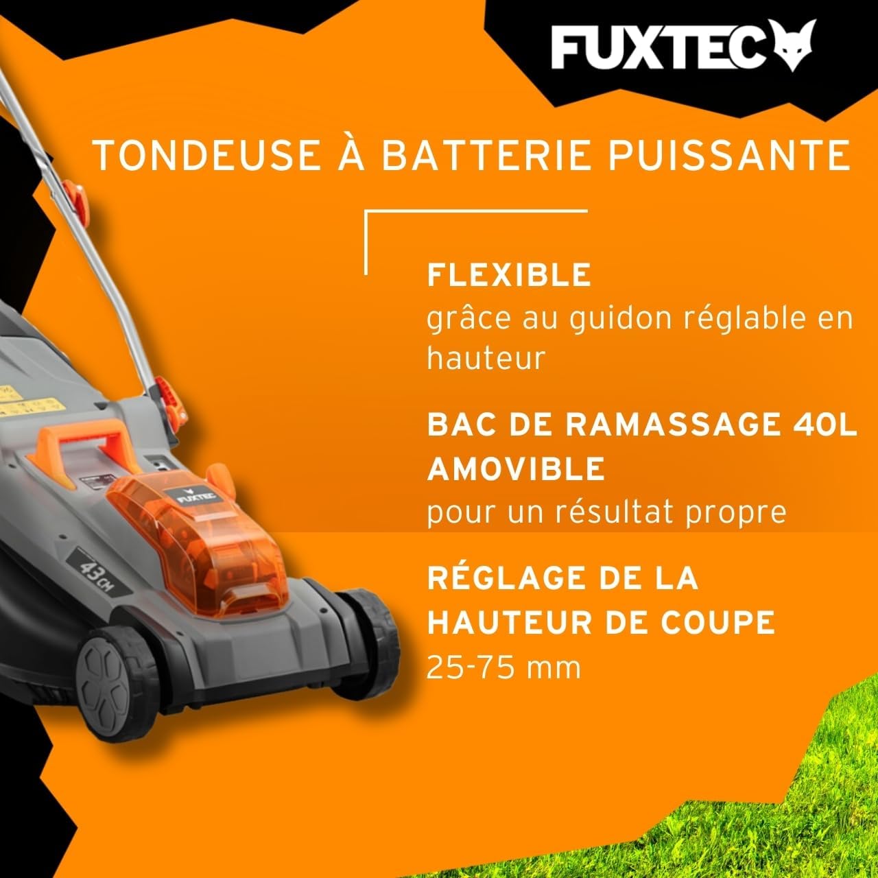 FUXTEC - Tondeuse à Gazon E2RM43 - 43cm, 40L, Hauteur réglable, Batterie 40V E2RM43