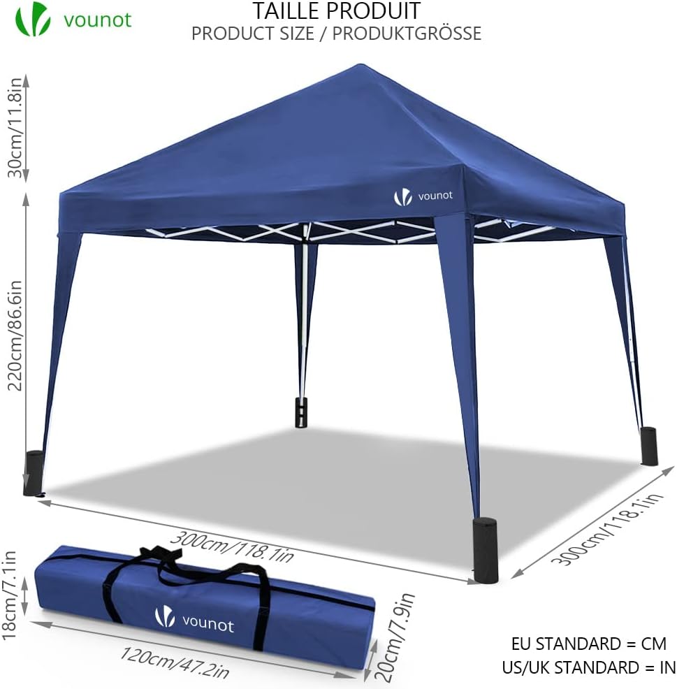 VOUNOT - tonnelle pliante série jardin 3x3m, installation rapide, auvent, sac transport et sacs sable inclus