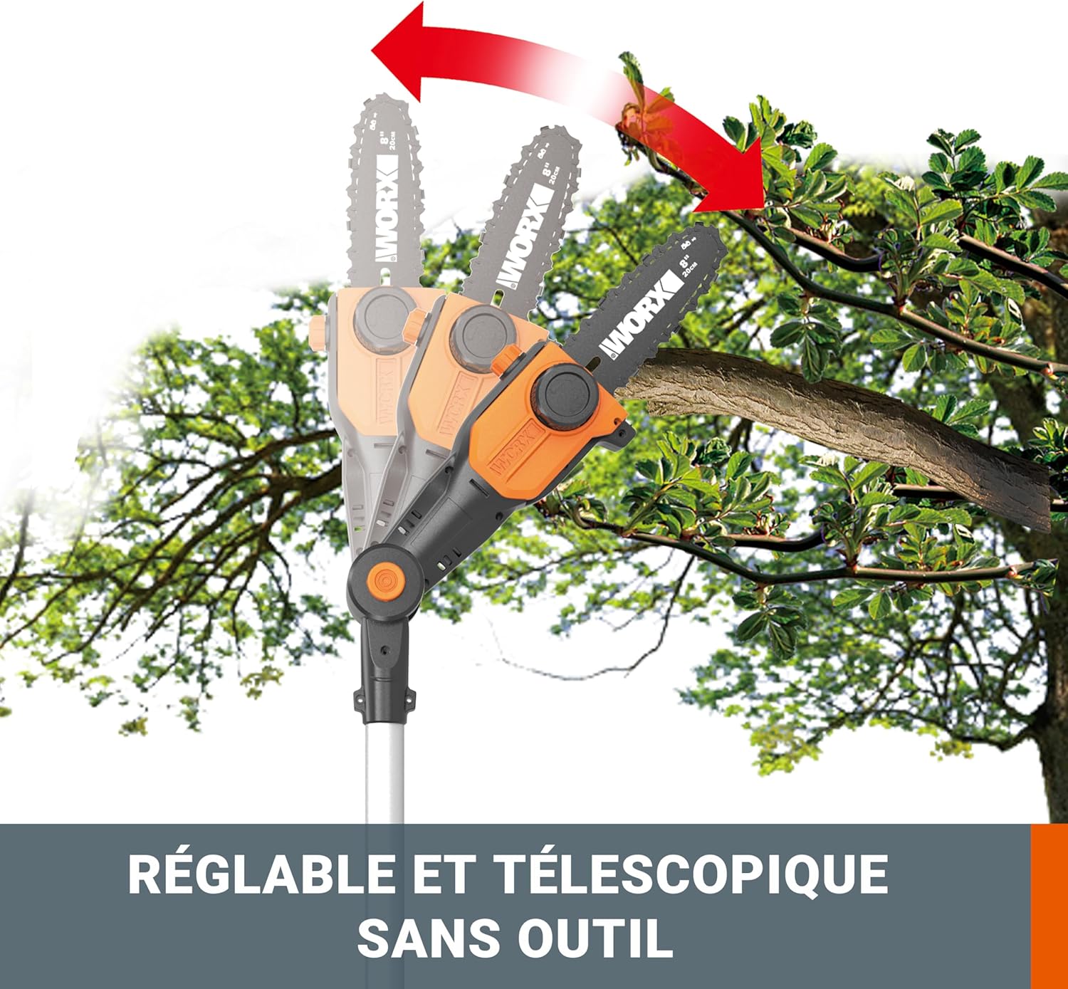 WORX - tronçonneuse élagueuse 20V - guide 20cm - manche télescopique, coupe 3,6m, harnais, WG349E.9