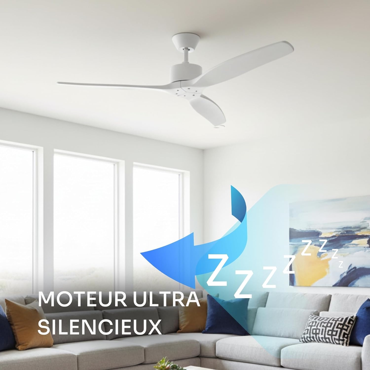 Mellerware - Ventilateur de plafond avec télécommande Brizy! 45W | Puissant | Ultra silencieux | 3 lames | Diamètre 132cm | 6 vitesses | Refroidissement + LED intégrée | Blanc