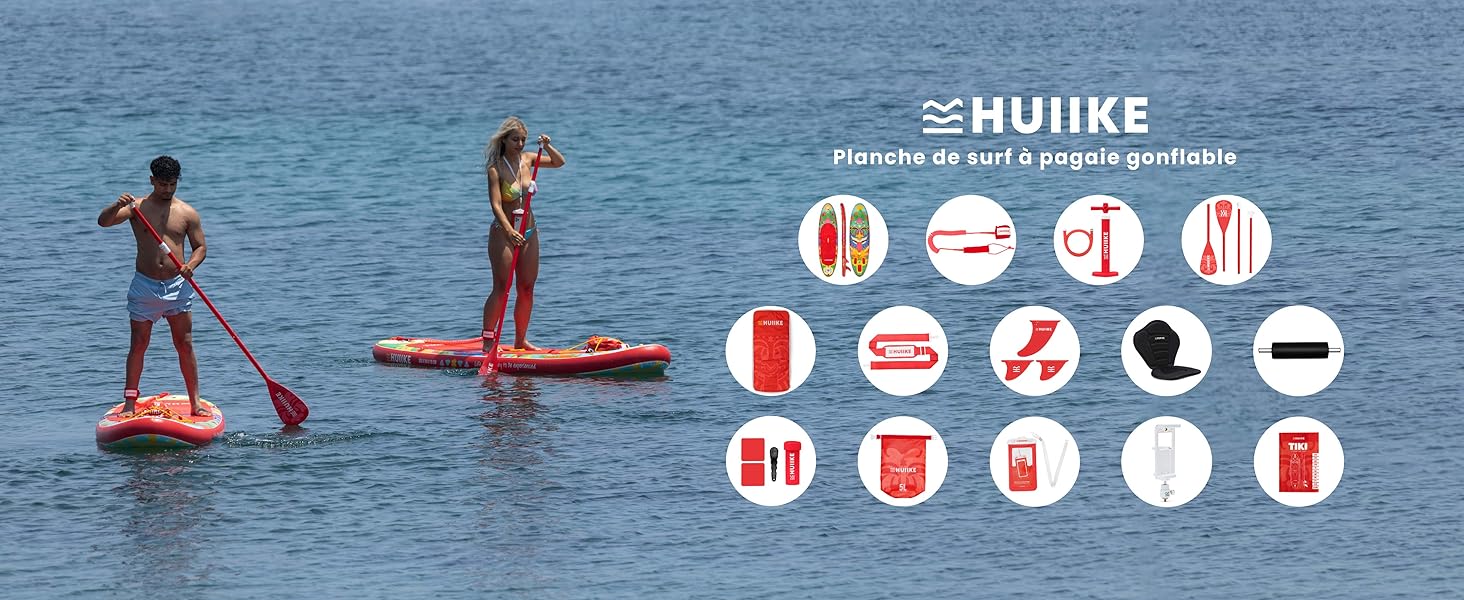 Des icônes d'activités de sports nautiques s'affichent avec des figurines de paddleboard avec des symboles circulaires indiquant l'équipement et les exigences de sécurité.