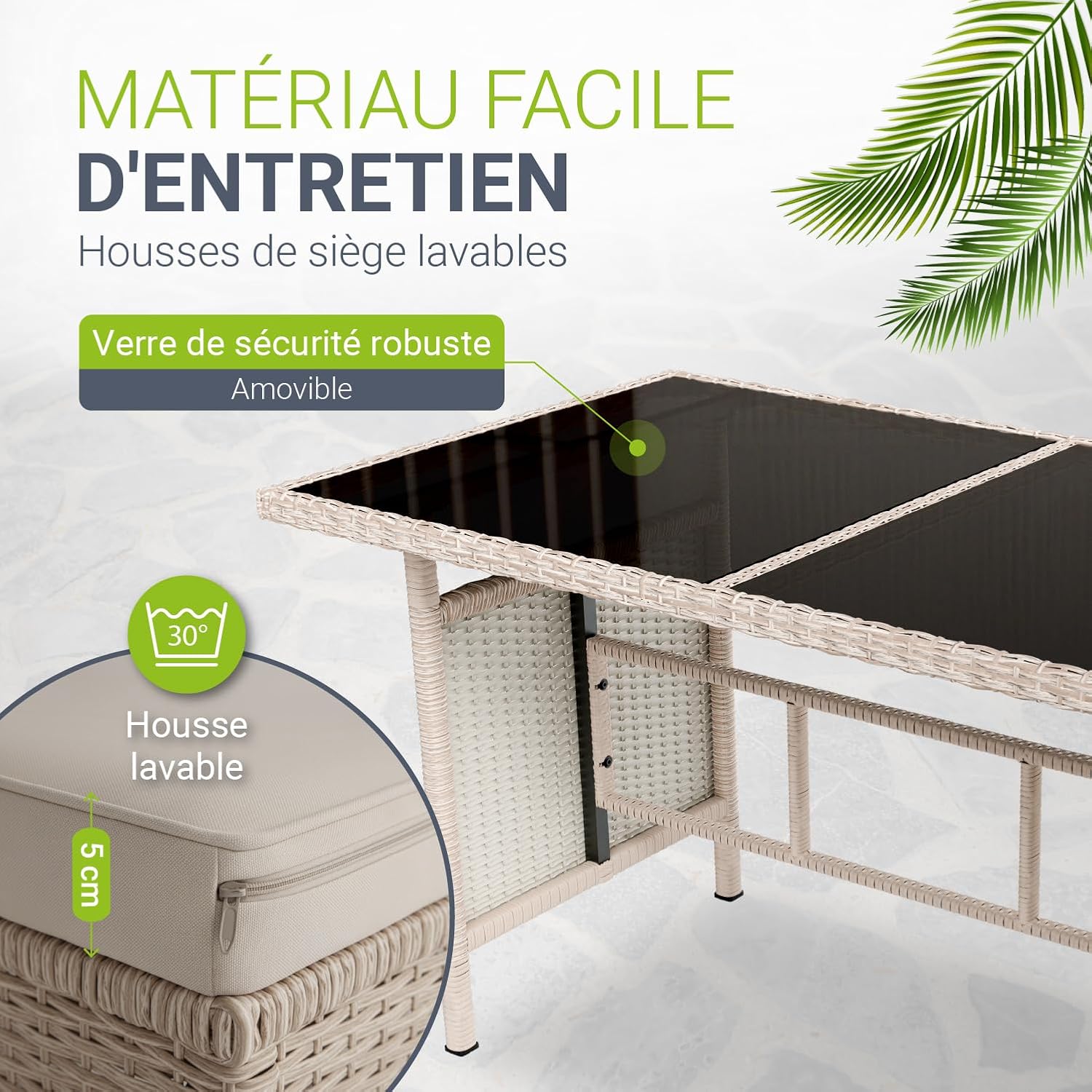 Juskys - Salon Manacor - canapé d’angle, table, 2 poufs, crème,  jardin
