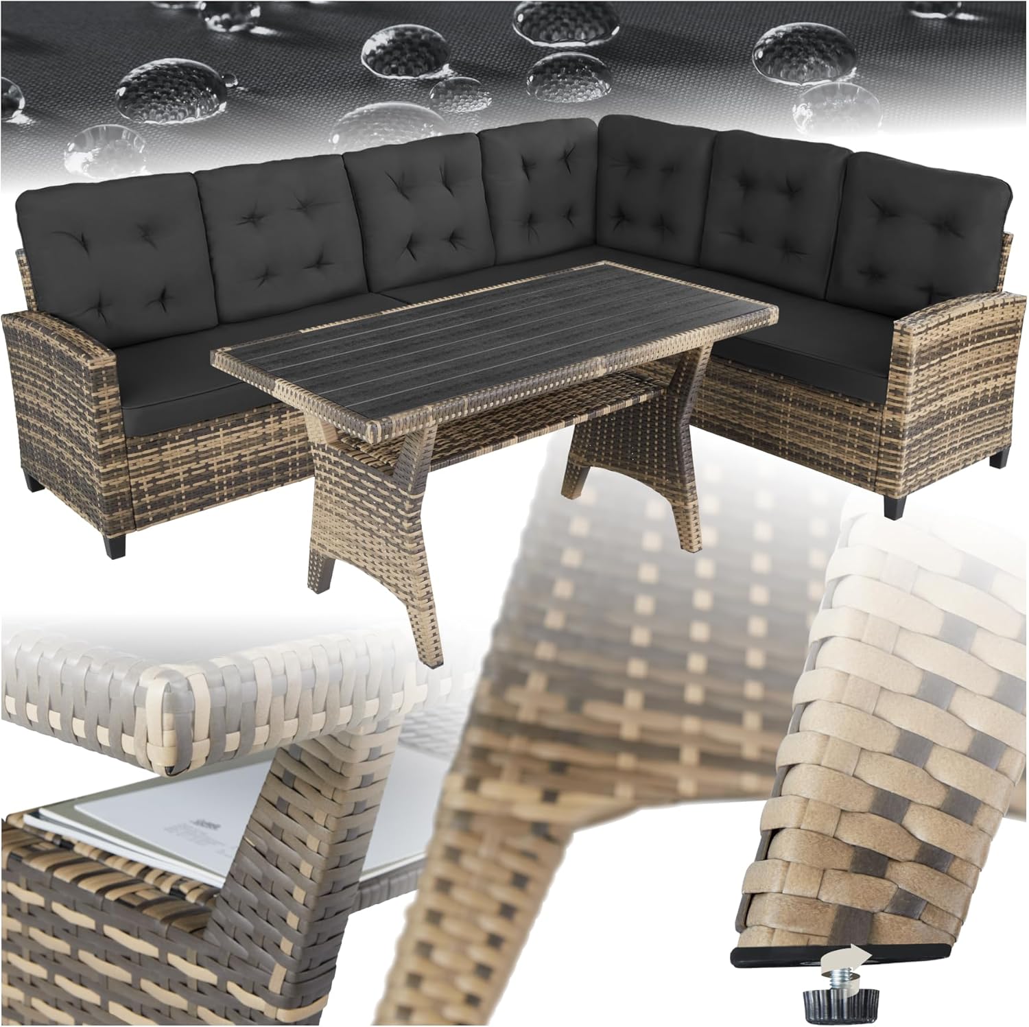 Tectake - salon de jardin XXL 6 places, rotin, coussins moelleux, table