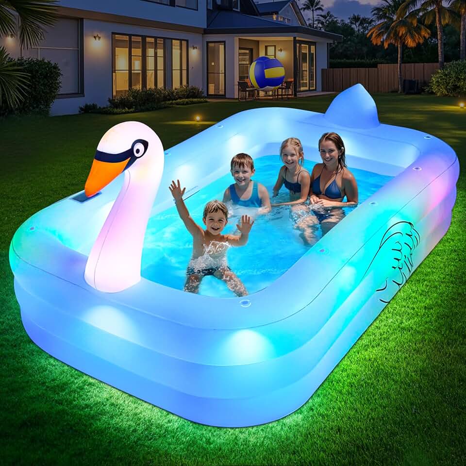 ChlorBlu Piscine Gonflable avec Lumières, Swan Piscine Gonflable Adulte, 255x160x50cm Grande Piscines Gonflables Rectangulaire, Swimming Pool Surdimensionnée pour Enfants et Famille, pour Jardin