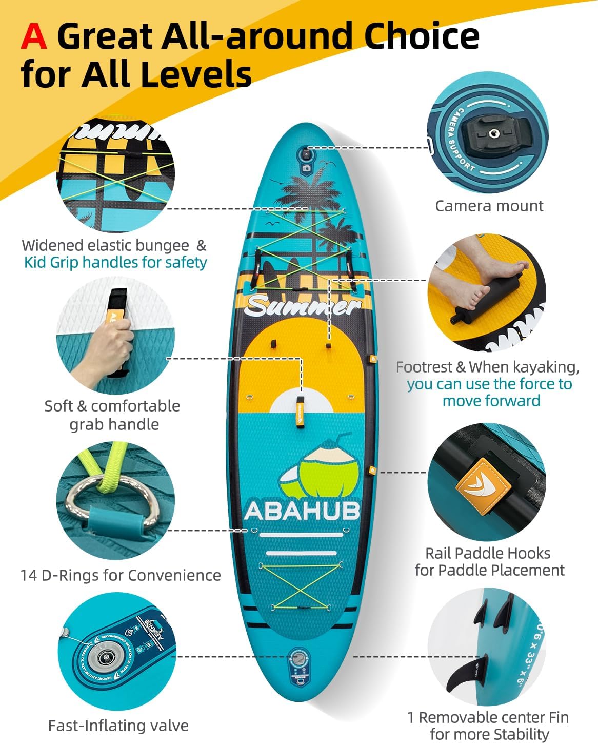 Abahub - Paddle Gonflable Adulte avec Siège - 320x78/84x15cm - Planche de SUP avec pagaie alu réglable et siège kayak. H