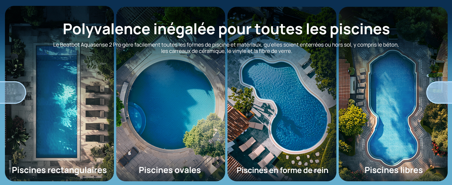 Vue aérienne de quatre formes de piscine différentes : rectangulaire, ovale, en forme de rein et de forme libre. Chaque piscine est entourée de terrasses et d'aménagements paysagers.