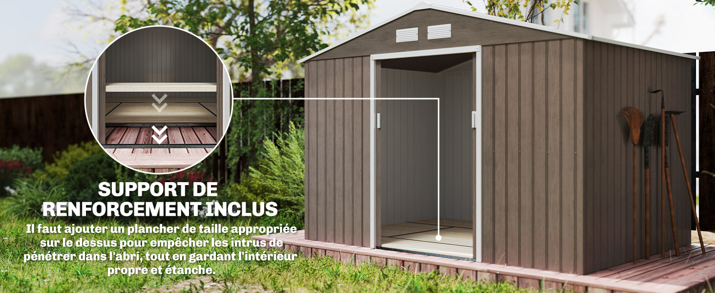 Le texte se lit comme suit : « SUPPORT DE RENFORCEMENT DU CLôTURE ». Séquence d'installation montrant l'installation de panneaux de clôture en bois avec supports de renforcement.