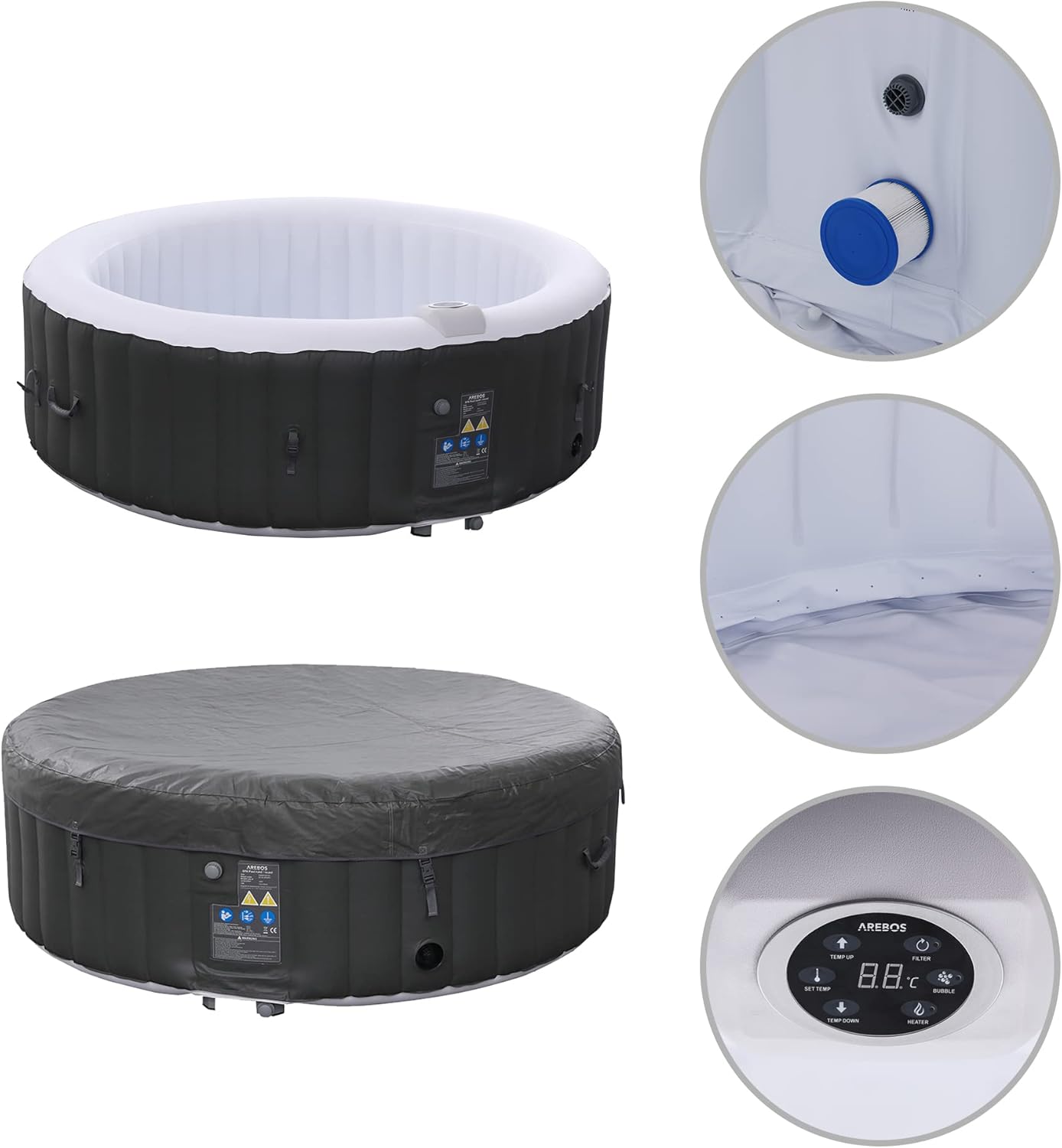 Arebos - spa gonflable rond 208 cm - 6 pers, 130 jets, 1000L, chauffage
