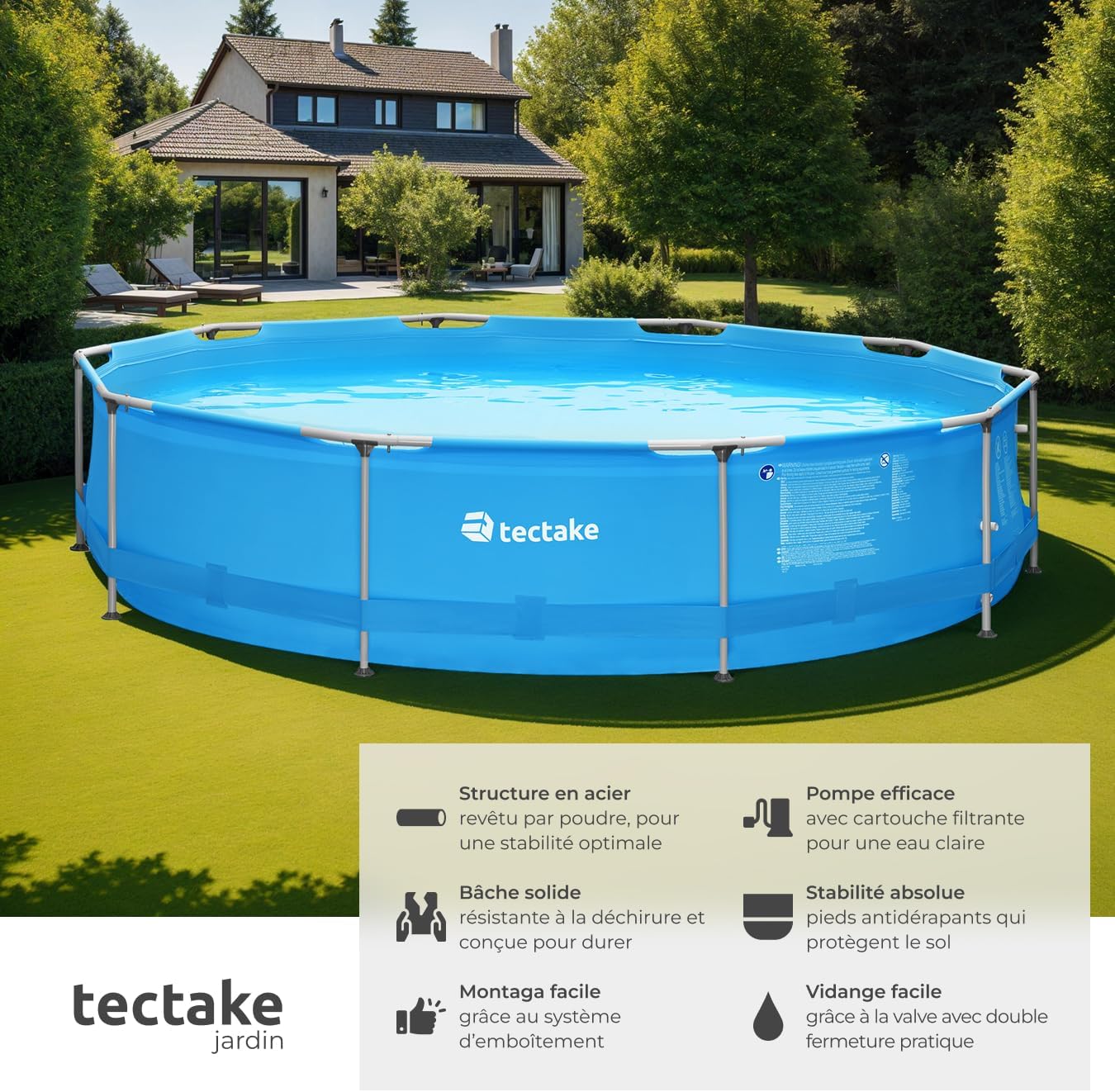 tectake® Piscine Tubulaire Ronde Piscine Hors Sol Ø360 x 76 cm Bleu, Structure en Acier, PVC Résistant aux UV & à la déchirure, avec Pompe Piscine à Filtre, Montage & démontage Facile