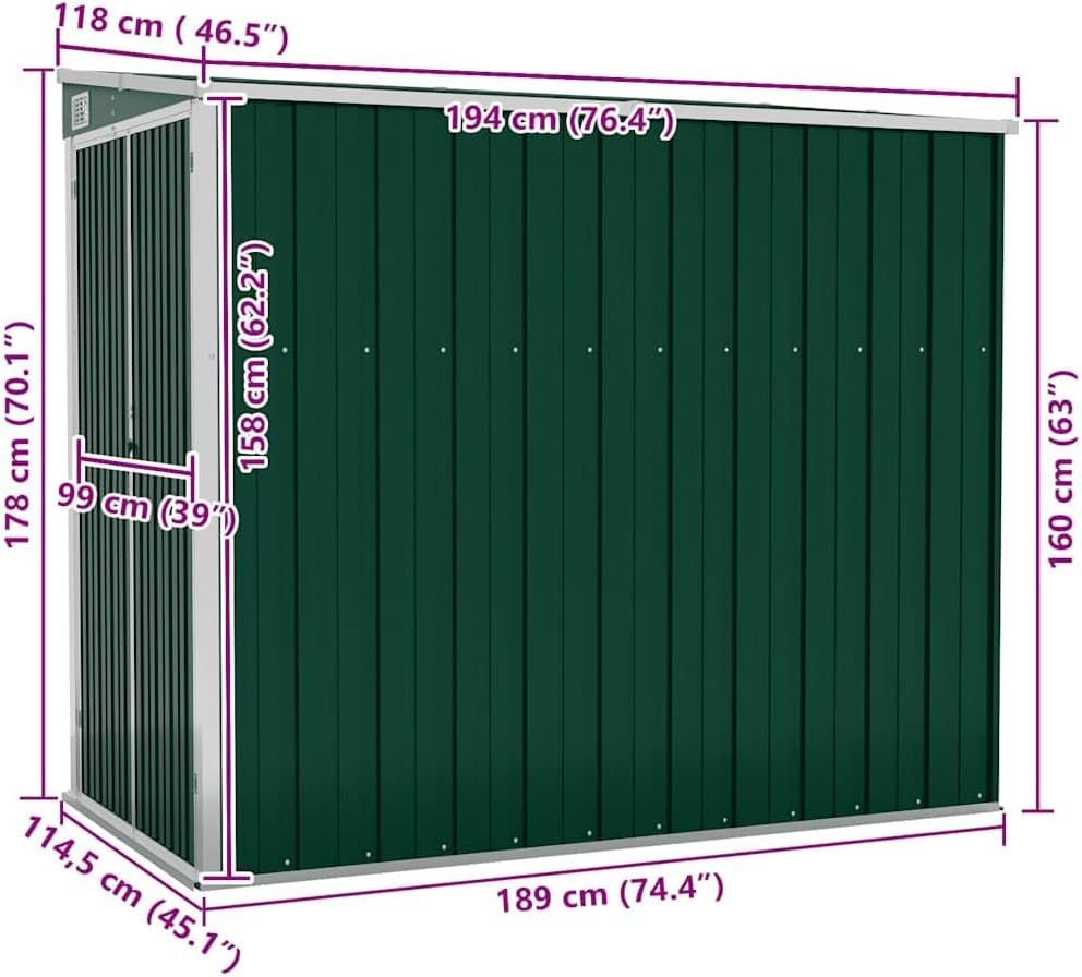 vidaXL - abri mural de jardin - 118x194x178cm - acier galvanisé, vert