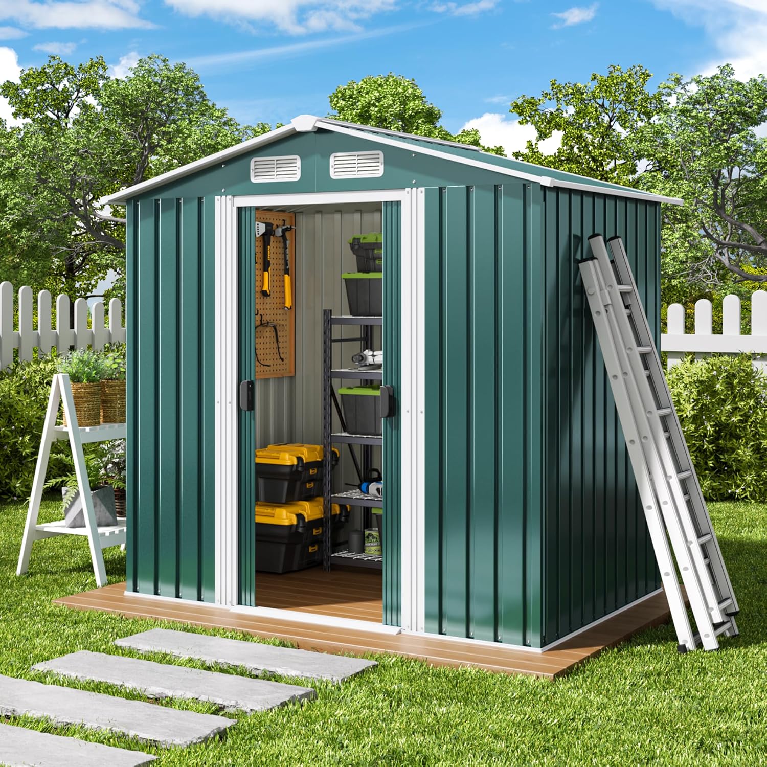 Xbro Abri de jardin en métal 184 x 119 x 186 cm, avec toit en pente et porte coulissante, abri à outils avec serrure et gants (vert)