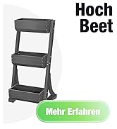 Le texte se lit comme suit : « Hoch Beet » et « Mehr Erfahren ». Jardinière verticale grise à trois niveaux ou structure de lit de jardin représentée sur fond blanc.