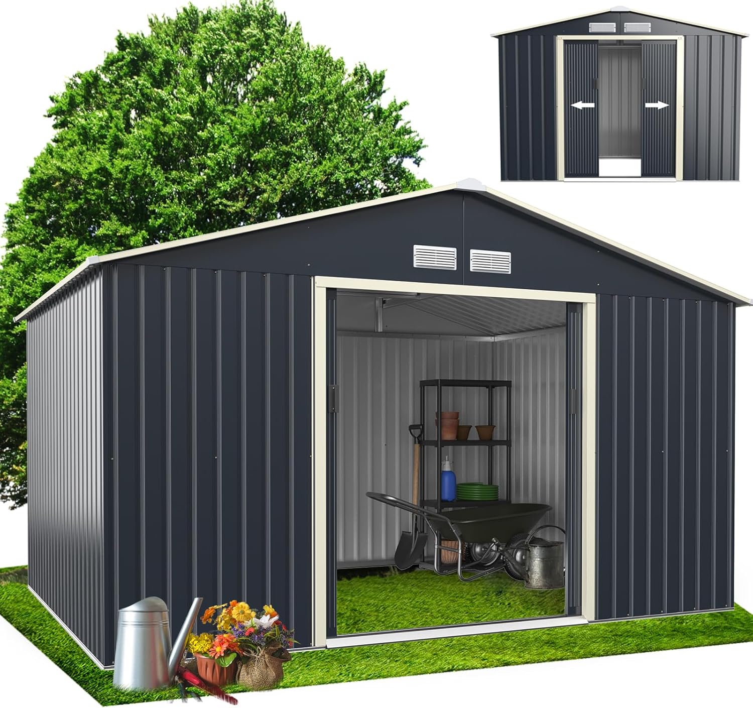 RELAX4LIFE - Abri de jardin métal - 340x255x210cm - porte coulissante, toit pente, extérieur, résistant - KX7177KV+FR
