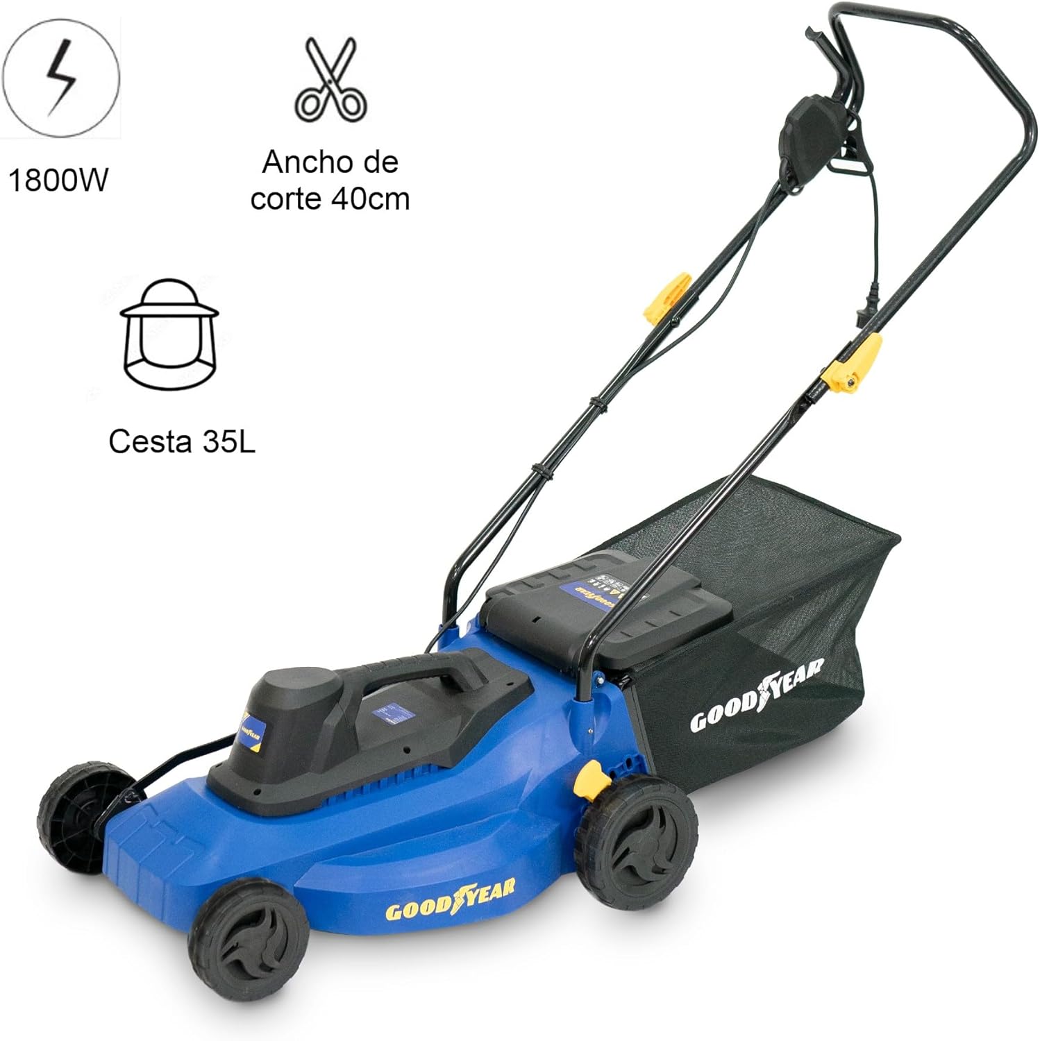 Goodyear - Tondeuse à Gazon Électrique Filaire 1200W, Largeur de Coupe 32cm, Hauteur Réglable (3 Positions), Bac de Ramassage 30L, Idéal pour Petits Jardins et Pelouses, Légère et Compacte