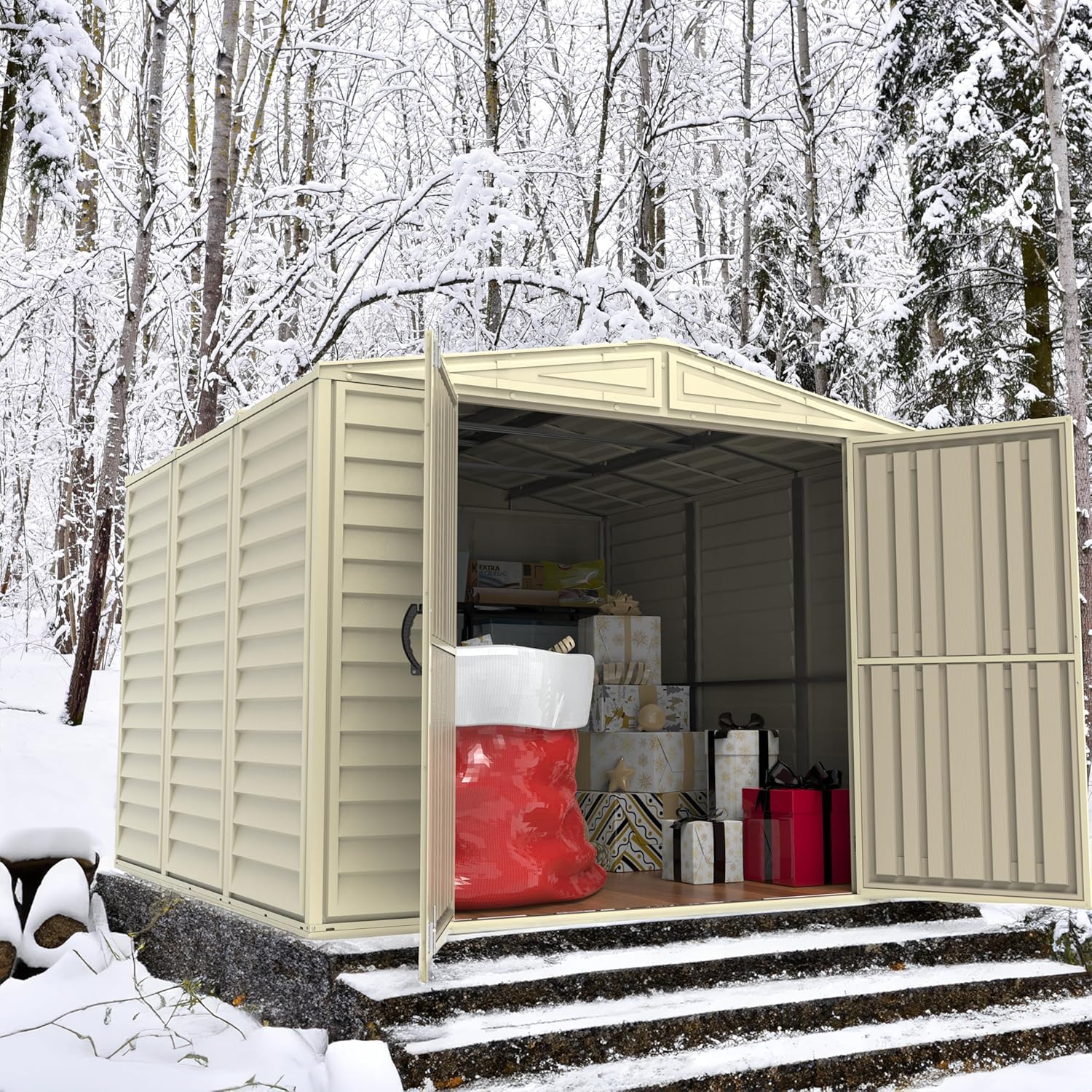 Duramax DuraMate 8 x 8 (5.75 m²) Abri de jardin en plastique avec kit de fondation en métal, structure de toit en métal robuste, abri en vinyle sans entretien - Ivoire