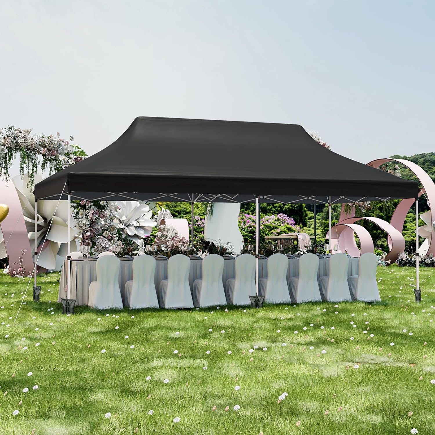 GOPLUS Tonnelle Pliante 3x6m Imperméable, Tonnelle Barnum Pliante 3x6 de Jardin Exterieur, Sac de Transport, Sac Lesté, Pavillon de Jardin Pop-Up pour Fête, Mariage (Noir|sans Bâche)
