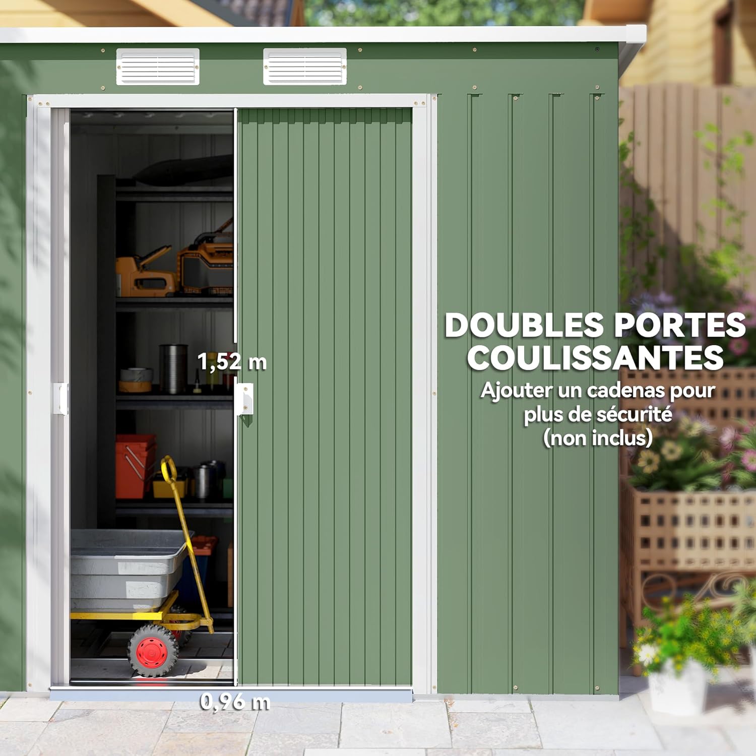 Outsunny Abri de Jardin en Acier galvanisé L 2,77 m² avec kit de Fondation 213 x 130 x 172 cm, cabane de Jardin cabanon Rangement Outils Portes coulissantes verrouillables et aérations, Vert