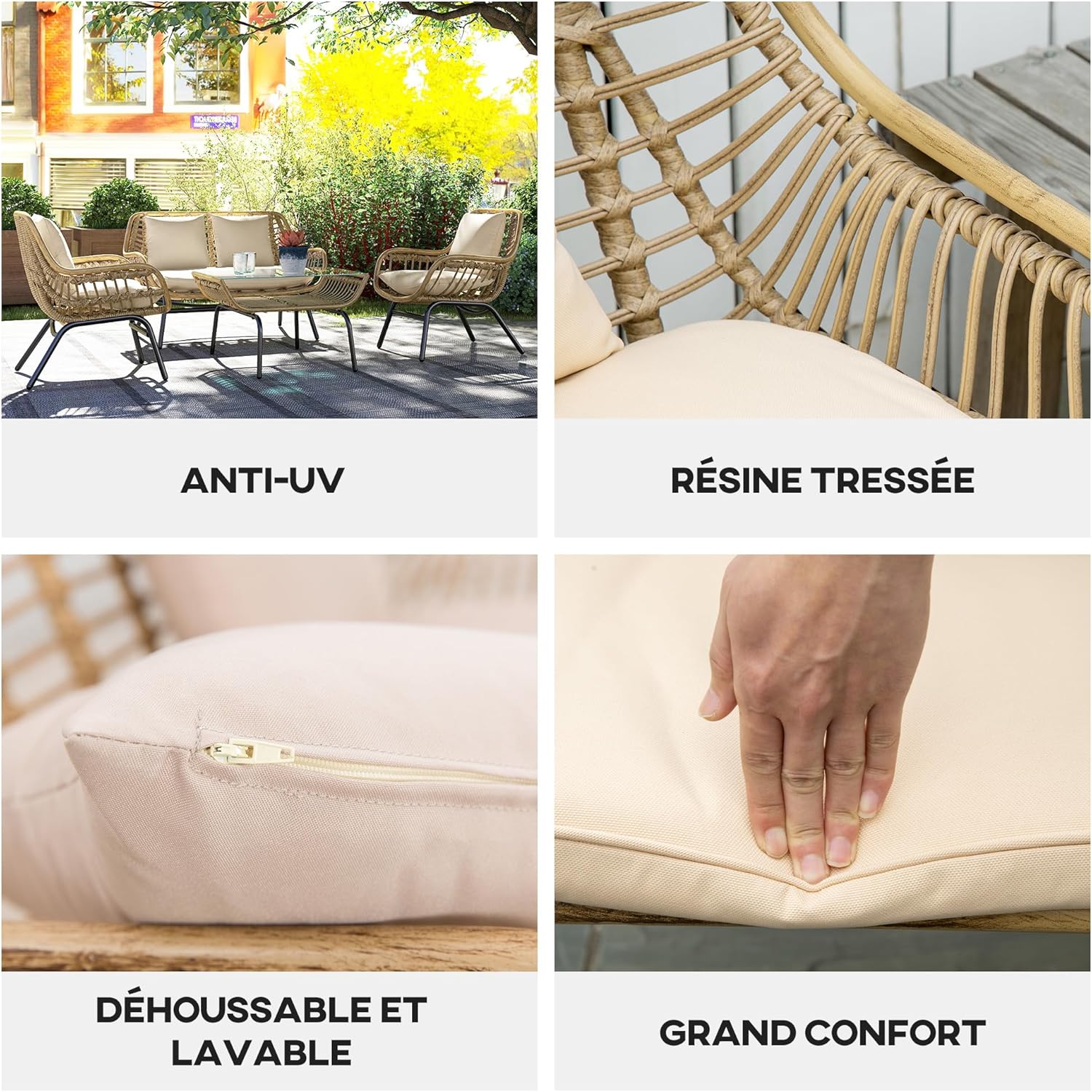 Outsunny - Salon de jardin exotique 4 places, métal/résine, coussins confort, beige