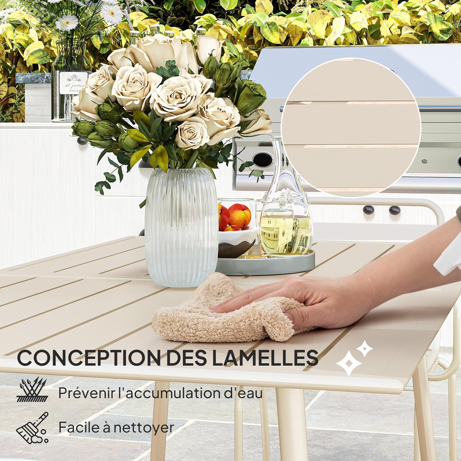 Outsunny - Ensemble salle à manger 7 pcs - table + 6 chaises empilables acier beige
