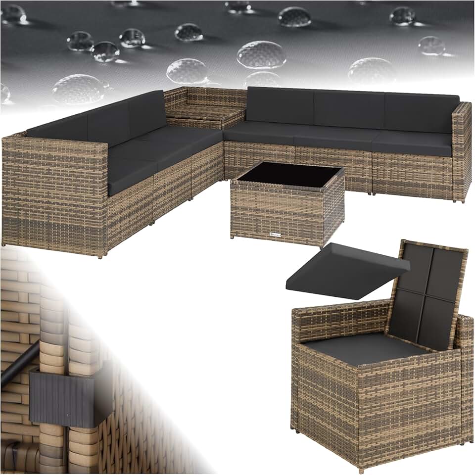 TecTake - salon de jardin modulable 6 places résine, coffre et table, brun - 200x130cm