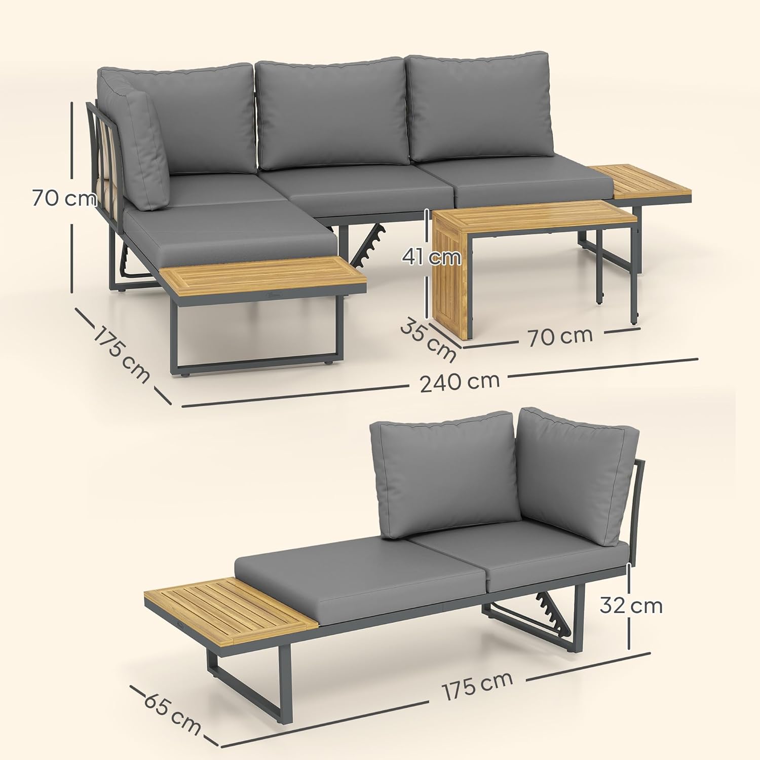 Outsunny - salon de jardin bois acacia 6 places modulable - coussins, dossier ajustable, gris