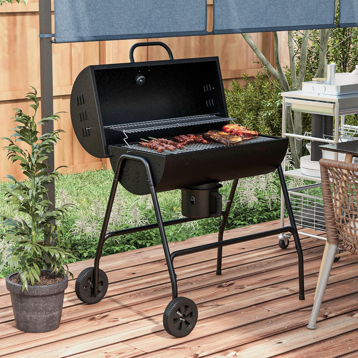 Outsunny - barbecue charbon de bois, 95x71,5x102cm, couvercle, thermomètre, roues