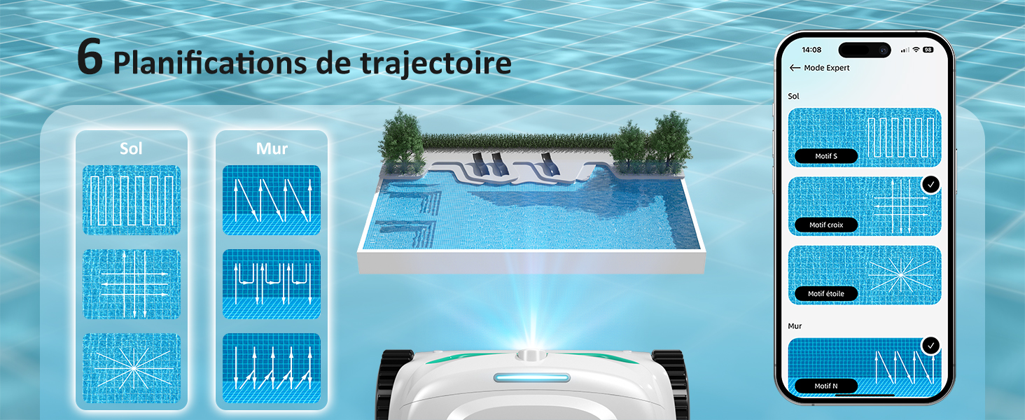 avec 6 options de planification de trajectoire affichées sur les écrans des smartphones. Appareil illustré à côté de la piscine avec chaises longues. Met l'accent sur les modèles de nettoyage automatisés.