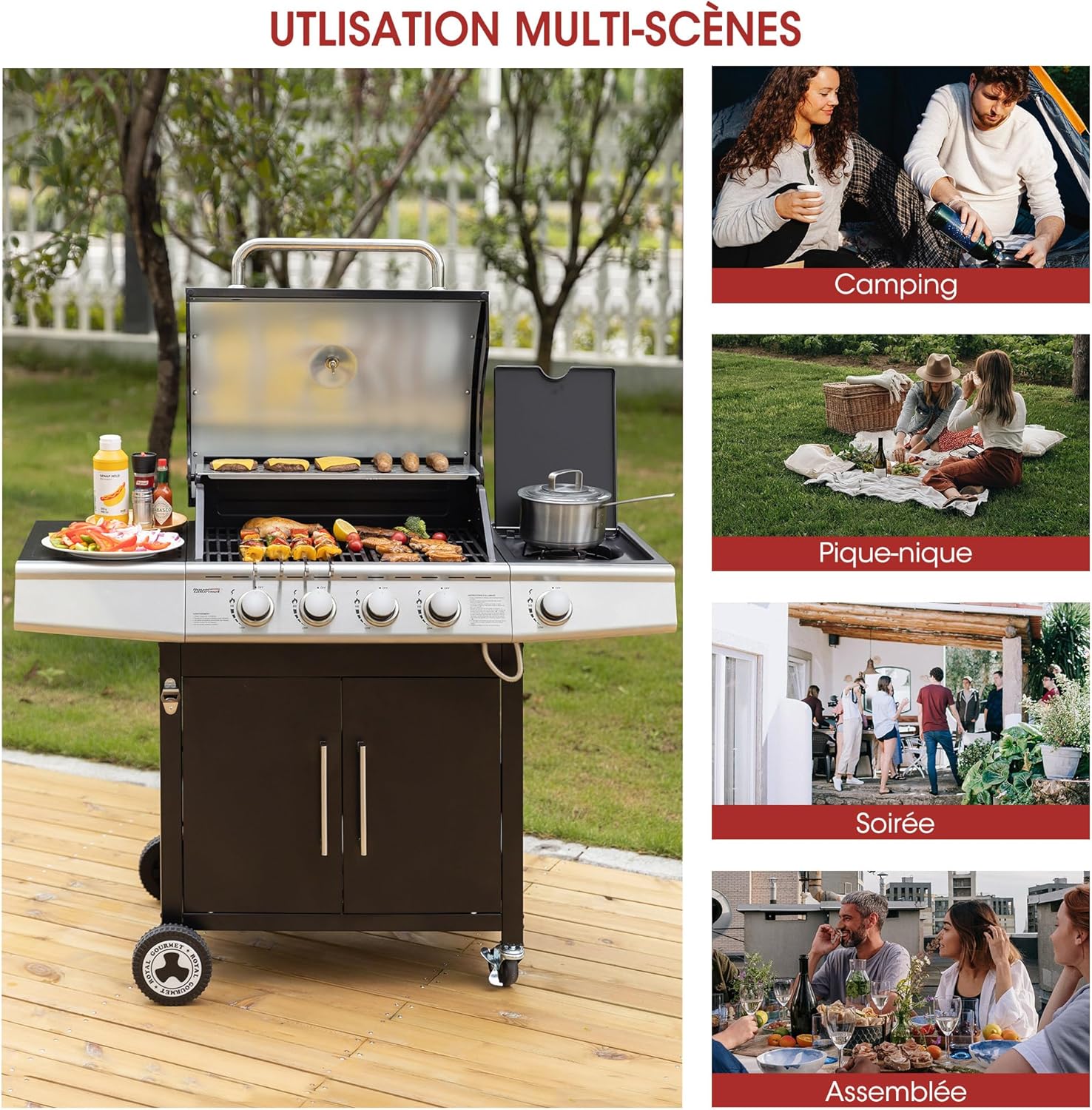 Royal Gourmet – Barbecue Série 4+1 – 14,5kW, inox, tablettes, 2 portes