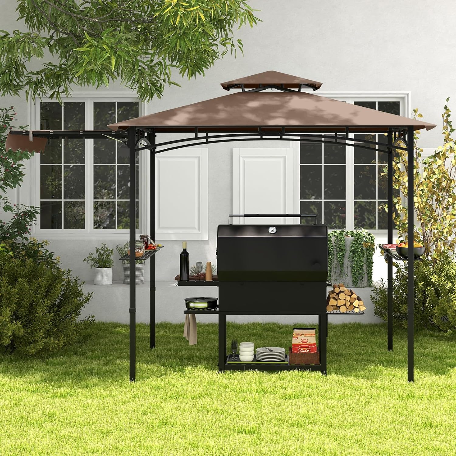 GOPLUS Tonnelle pour Barbecue avec Auvent Latéral, Abri Barbecue Extérieur avec Dessus à 2 Niveaux, Crochets, Décapsuleur, Dessus Souple, pour Jardin, Cour (242+84x153x250CM|Brun)