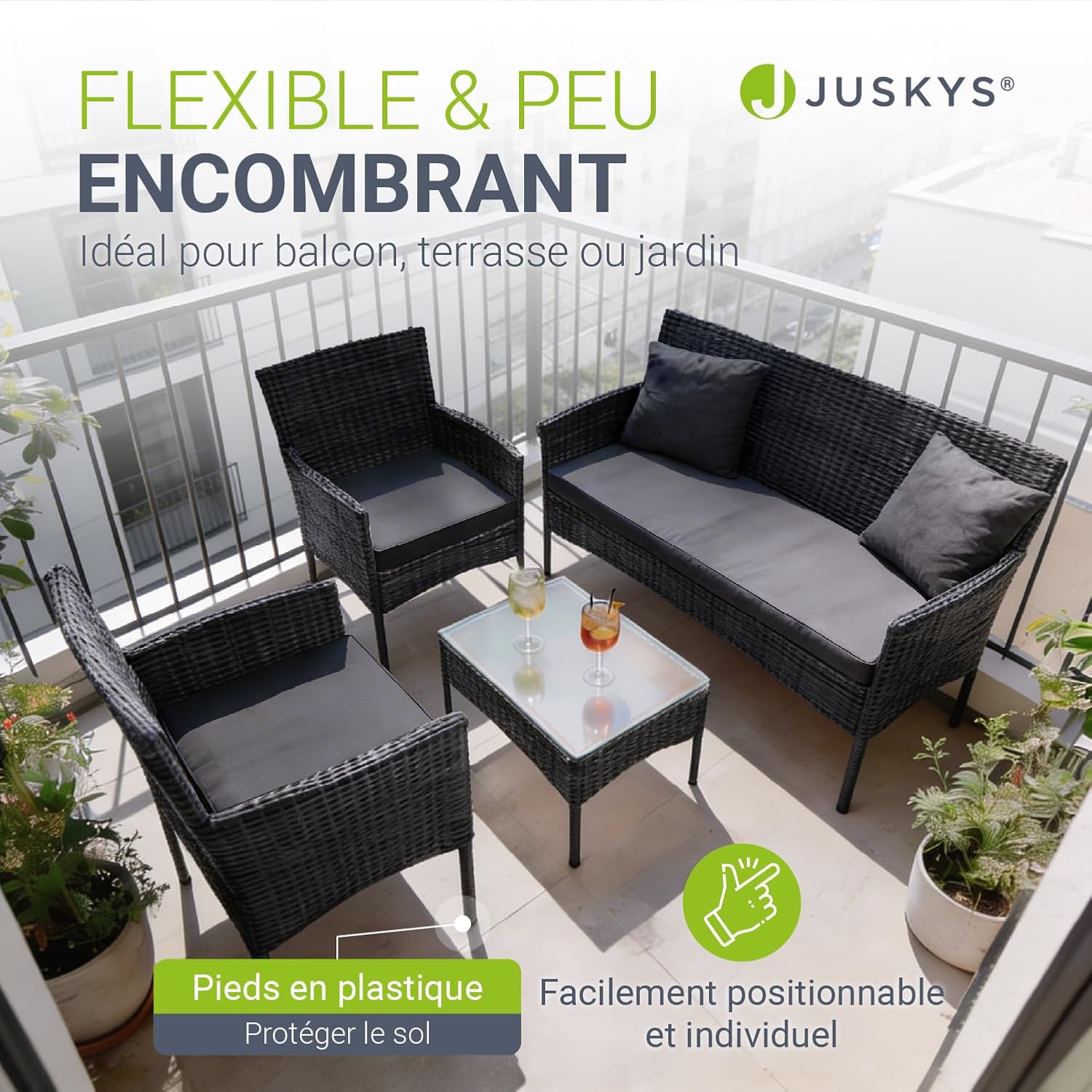 Juskys - Fort Myers salon 4 places - canapé, 2 fauteuils, table, coussins