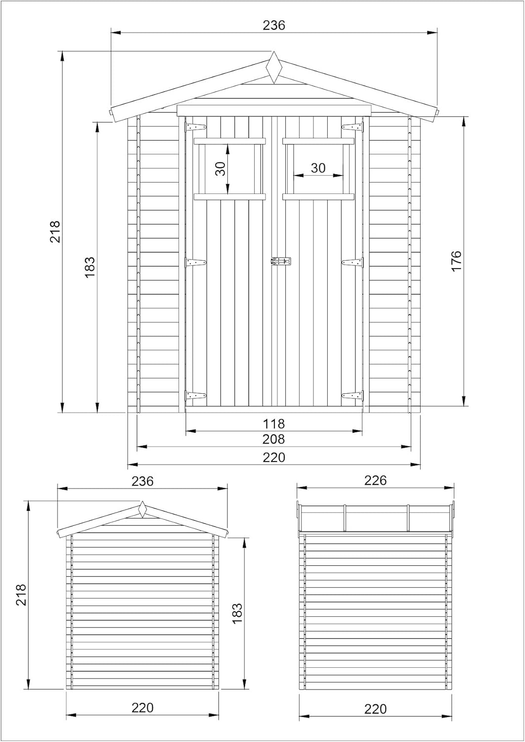 Abri de Jardin en Bois - Stockage extérieur I236xL226xH218 cm/ 4.33 m2 Petit abri à Outils, Local à vélos - Toit imperméable, fenêtres TIMBELA M369
