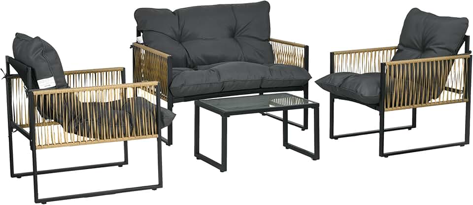 Outsunny - Salon extérieur 4 pièces, canapé 2 places, coussins gris, acier/résine, plateau en verre