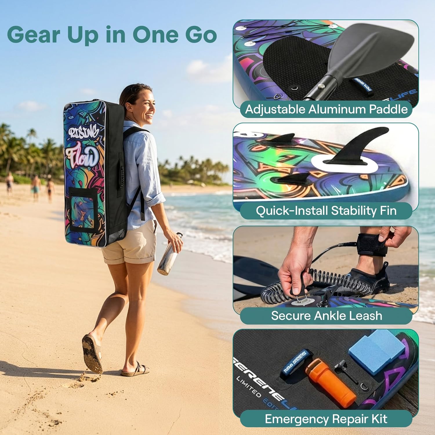 SereneLife - Stand Up Paddle adulte - 6” - gonflable, antidérapant, accessoires inclus, SLSUPB18