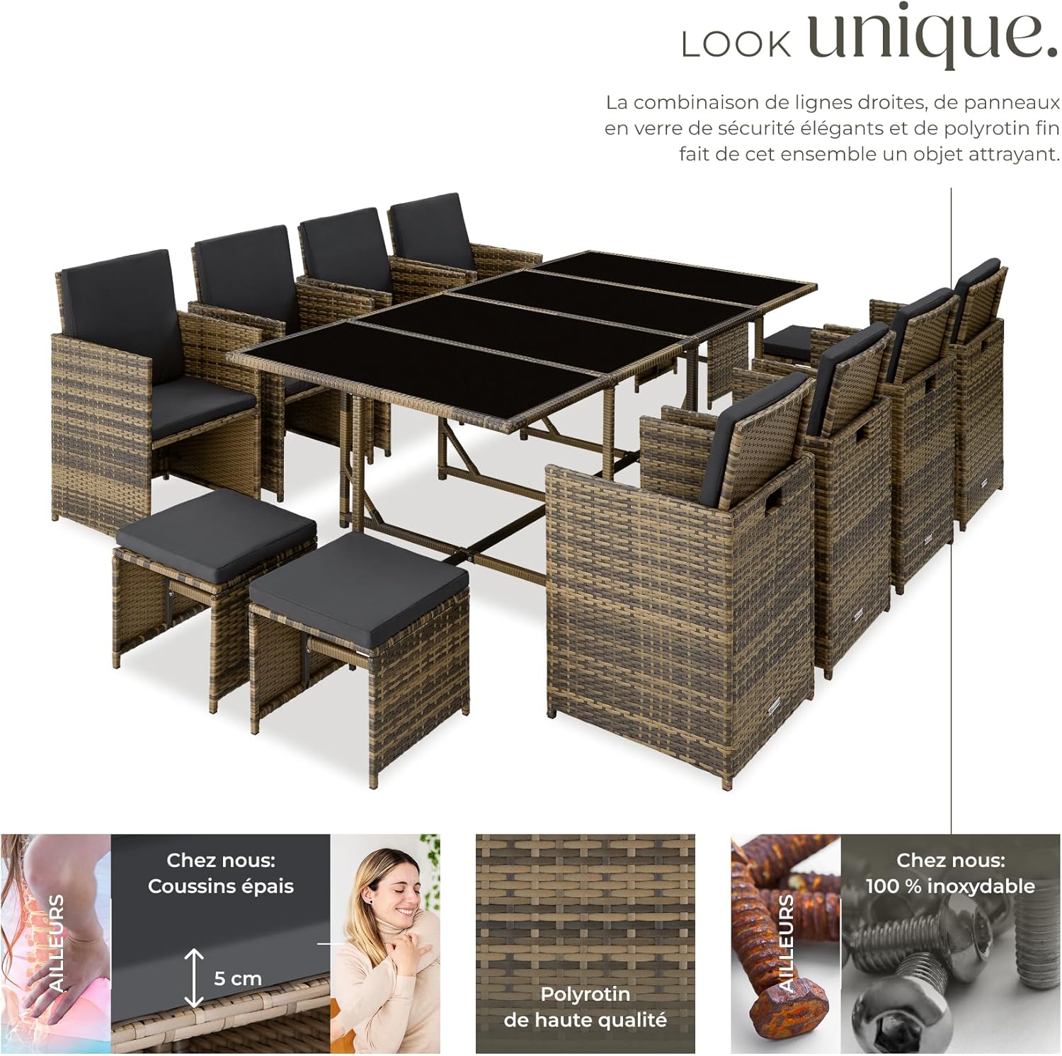 tectake - Salon en résine tressée 8 chaises, table, tabourets, pour jardin, balcon, terrasse - ensemble repas extérieur