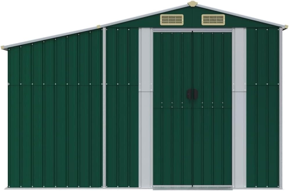 Abri de jardin acier galvanisé 277x365,5x179cm, vert, support bois, 4 aérations