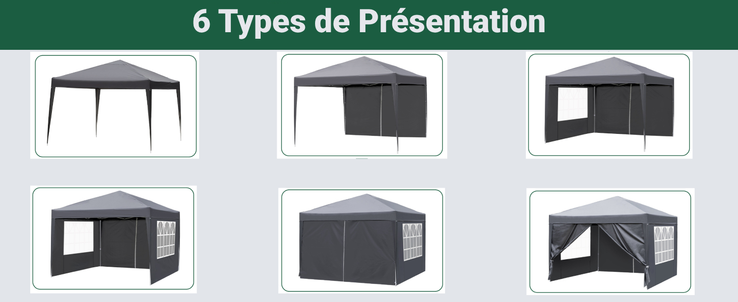 Six panneaux illustrant différentes configurations d'une tente à baldaquin escamotable grise. Les options incluent des côtés ouverts, des parois partielles et une enceinte complète, démontrant ainsi la polyvalence nécessaire pour les événements en plein air.