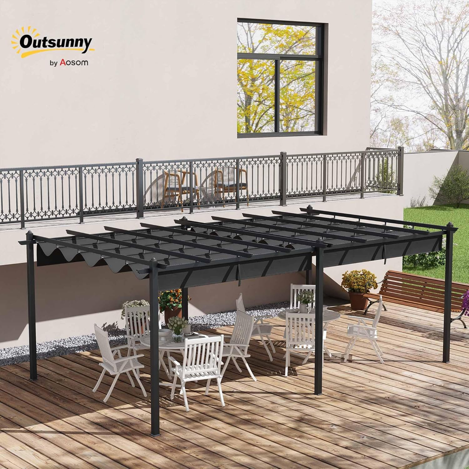 Outsunny - pergola aluminium rétractable 3,6x6m terrasse gris foncé