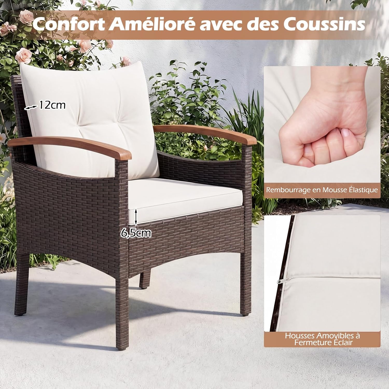 Costway - Salon de jardin 5 pcs - Acacia - Rotin beige, coussins épais