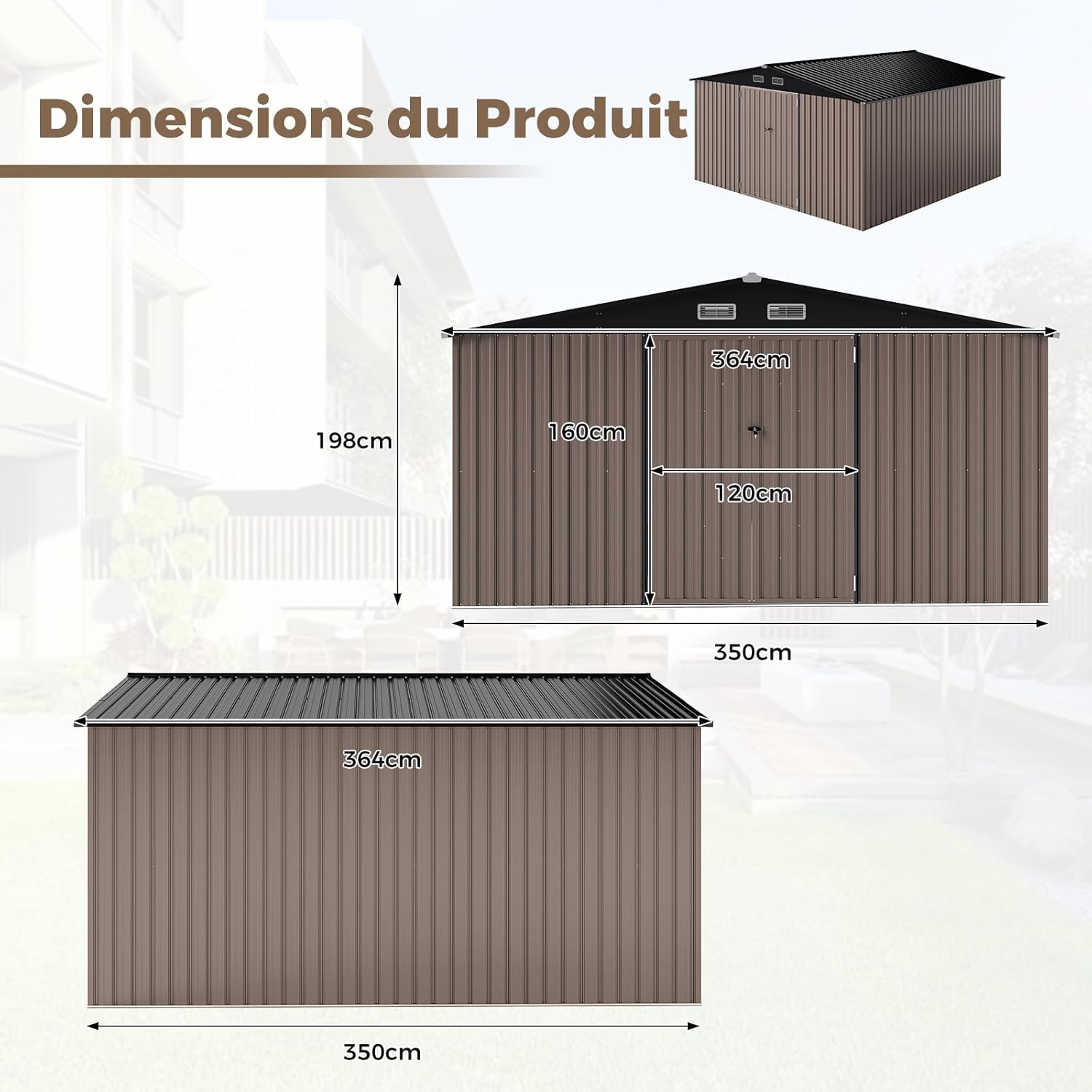 Costway - abri de jardin métal, 12m², toit double pente, double porte, 4 aérations