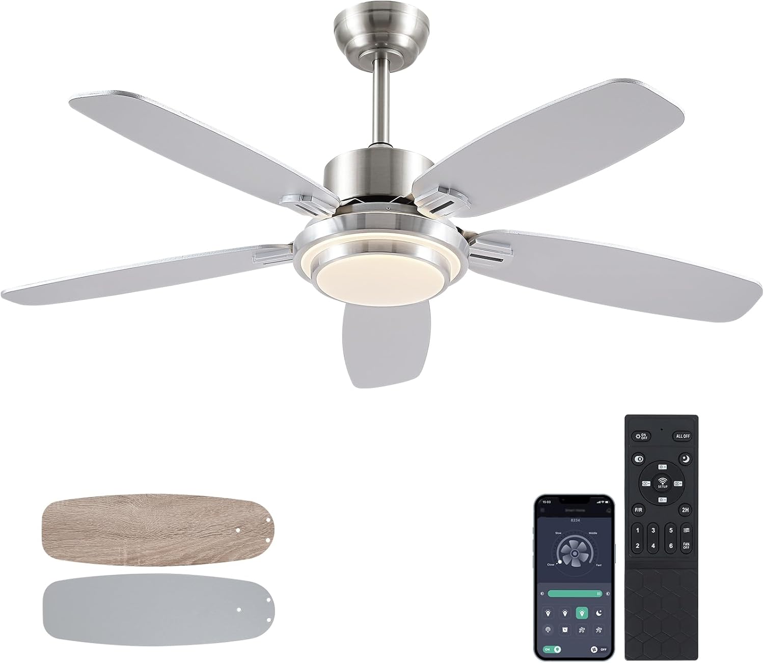 Kviflon - Ventilateur Connecté Série Moderne - 127cm, lumière, moteur DC silencieux, réversible