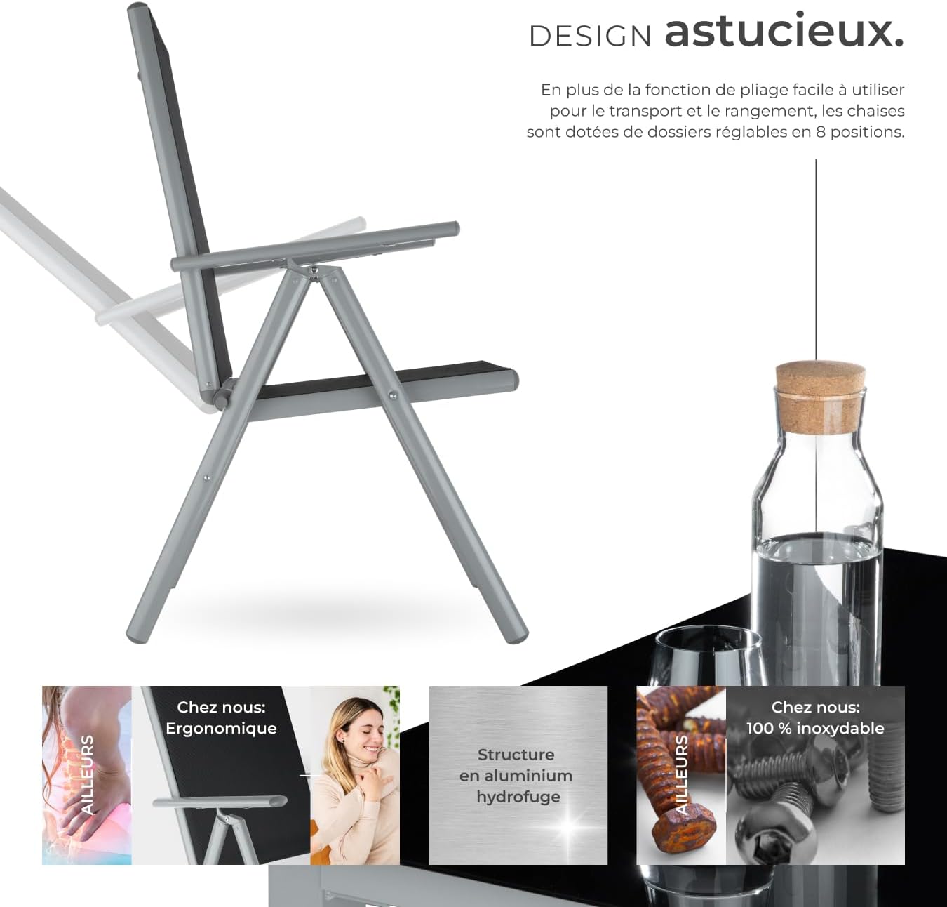 tectake - Salon de Jardin 8 Fauteuils Pliables Aluminium, Table, Facile entretien