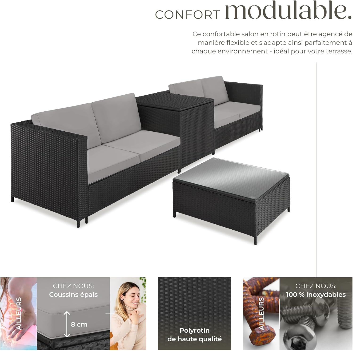 tectake - Ensemble salon jardin poly rotin, 4 places, coffre rangement, table verre