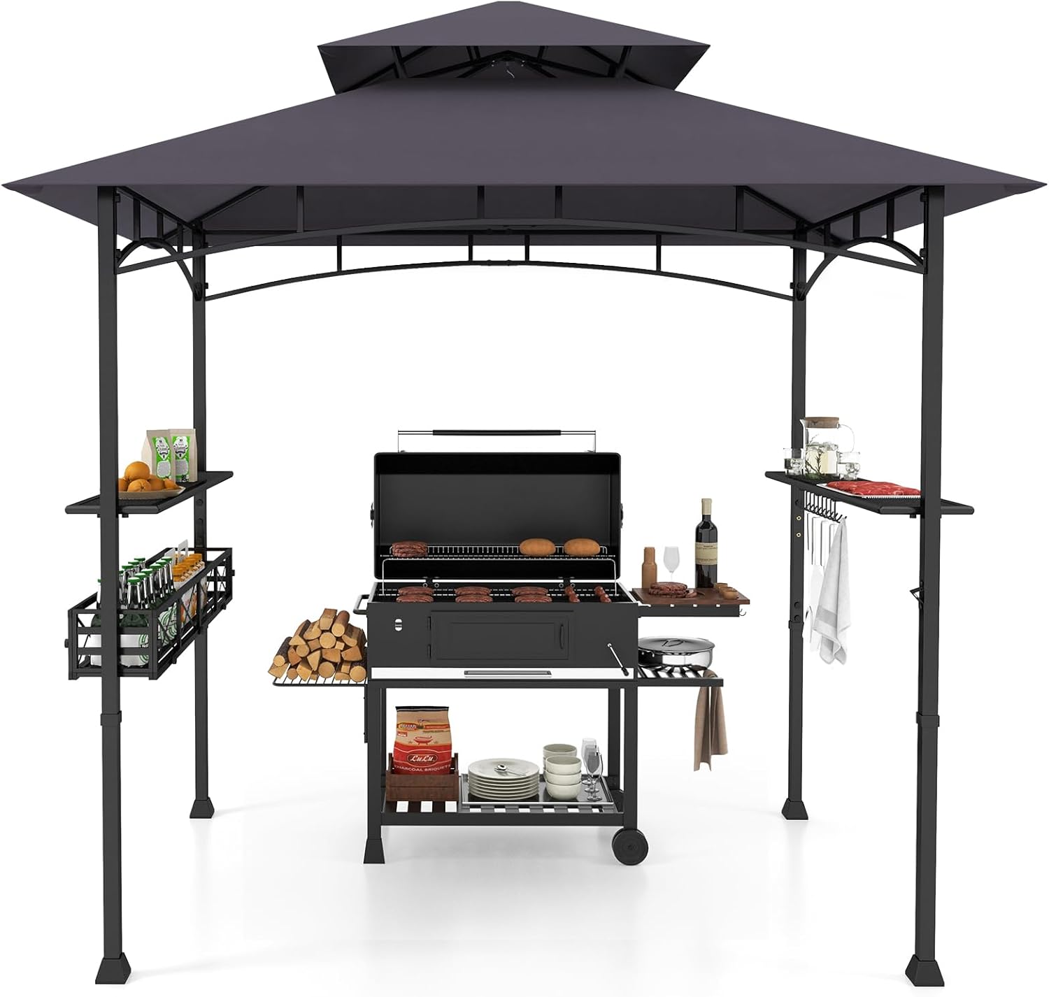 GOPLUS Tonnelle pour Barbecue, Abri Barbecue Extérieur avec Dessus à 2 Niveaux, Crochets, Décapsuleur, Abri pour Barbecue à Dessus Souple, pour Jardin, Cour(242x153x250CM|Gris Foncé)