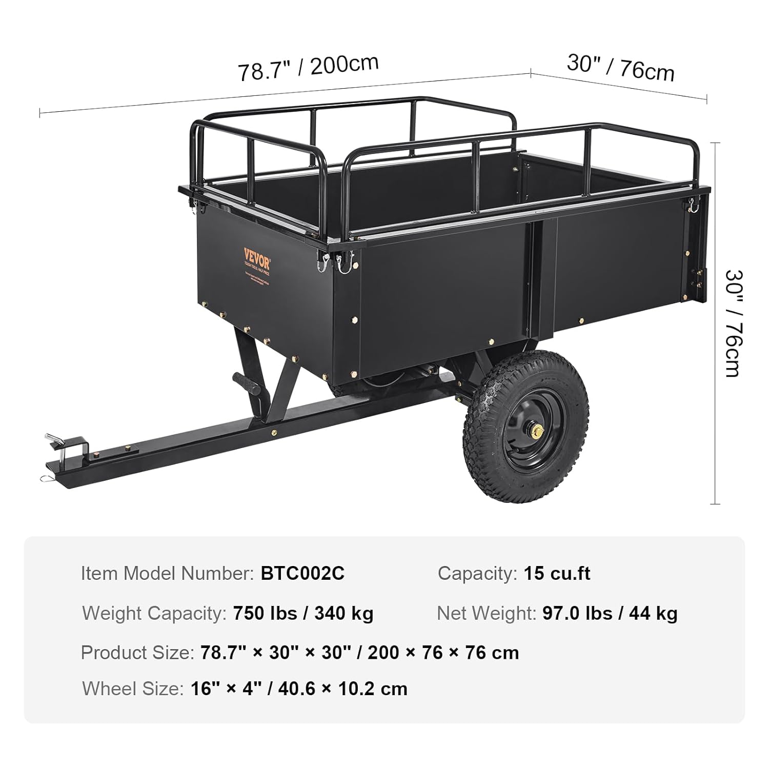 VEVOR - Remorque jardin robuste 340 kg, 0,4 m³, côtés amovibles